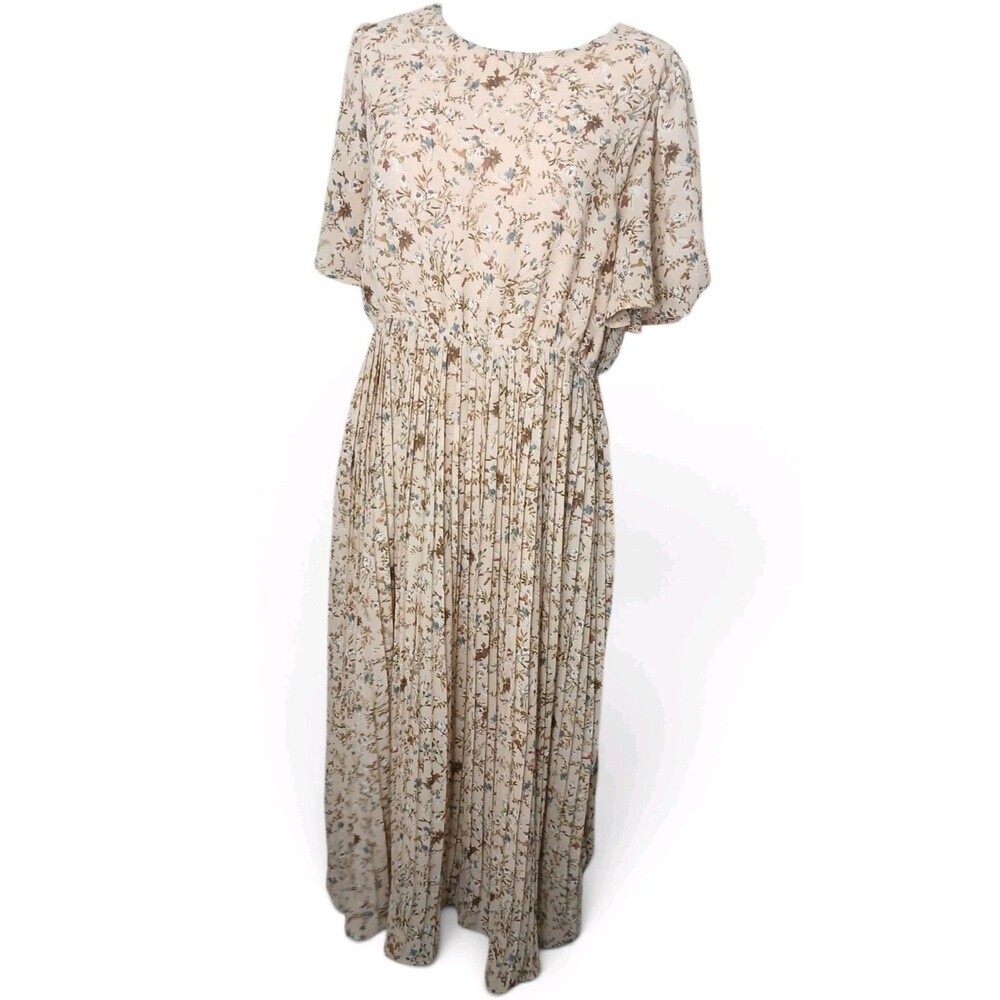 Hayden LA Floral Pleated Maxi Dress Women's Size L Beige Boho Flutter Sleeve